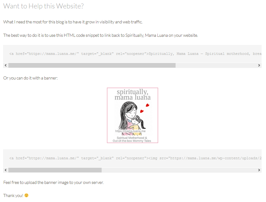 Encouraging HTML backlink snippet usage - Example from my motherhood blog